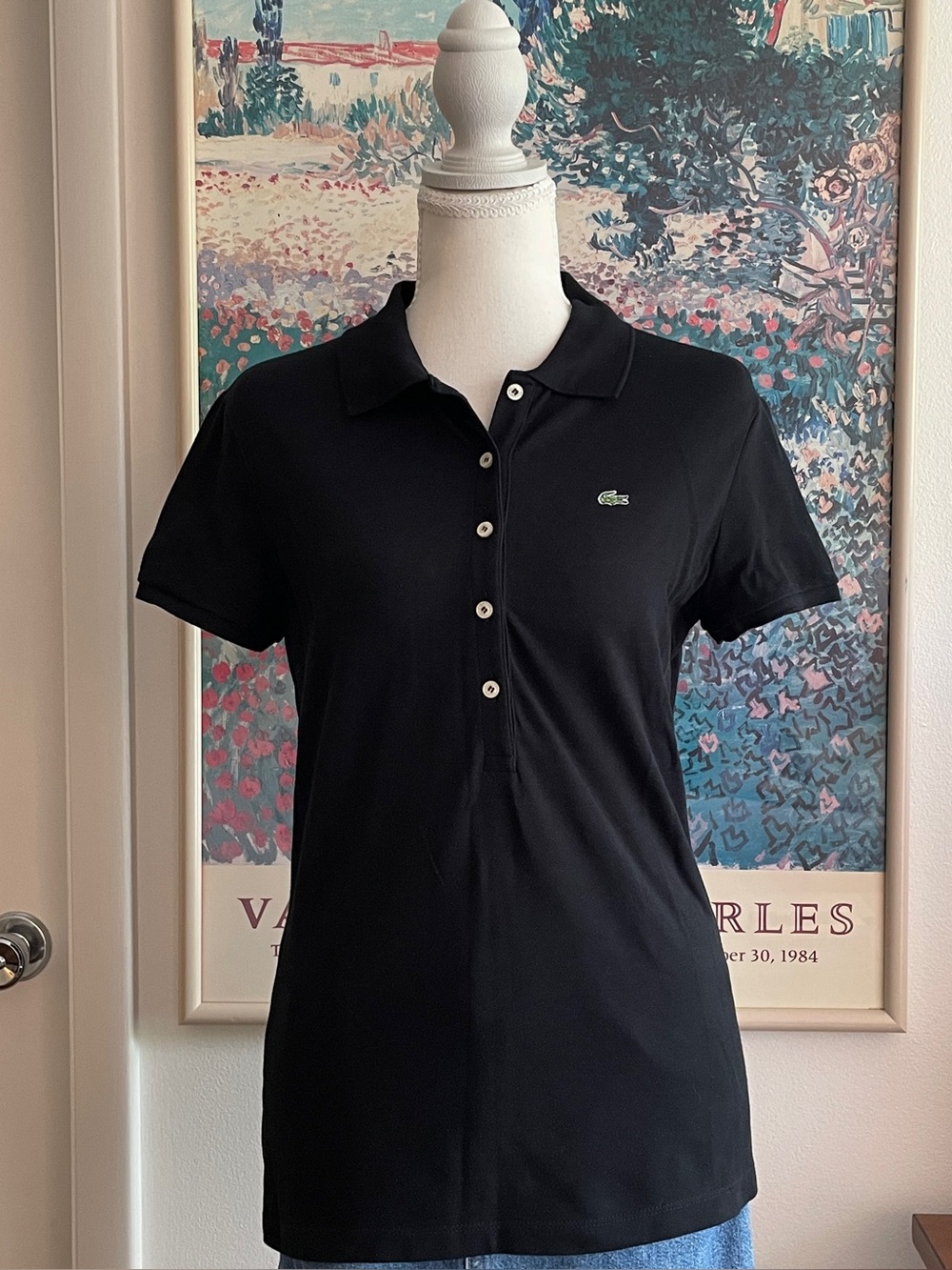Lacoste Black Fitted Polo Shirt Large Button Down Logo Preppy Tennis Core